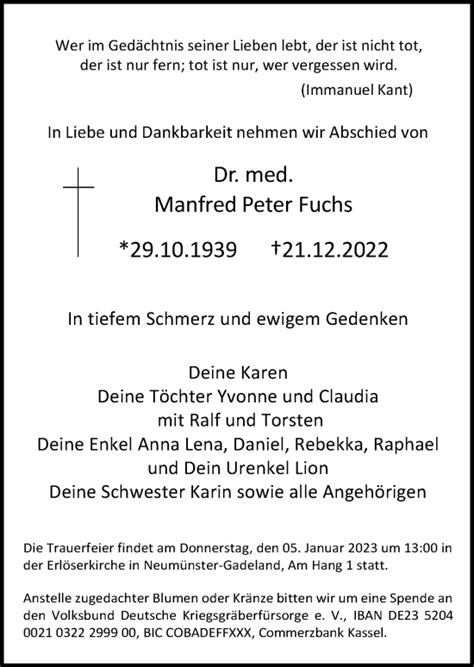 Traueranzeigen Von Manfred Peter Fuchs Trauer Anzeigen De