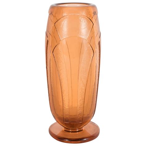 Art Deco Relief Frosted Glass Vase With Cubist Floral And Geometric