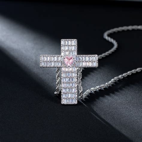 Iced Baguette Cut Cross Pink Heart Pendant Helloice