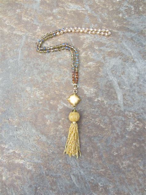 Gold Crystal Necklace Gold Tassel Necklace Hand Knotted Long Etsy Beaded Tassel Necklace