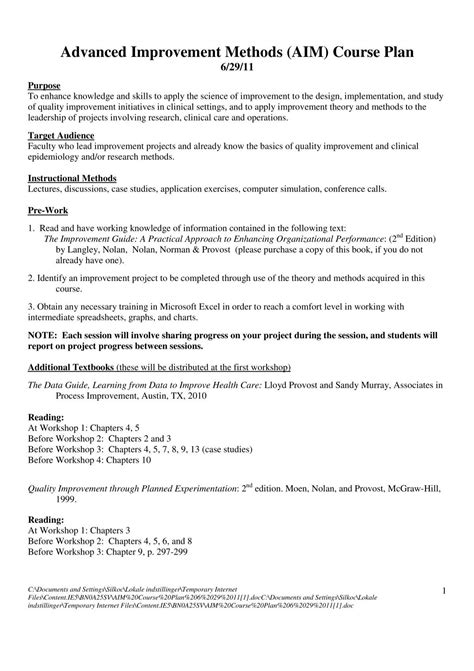 Advanced Improvement Methods AIM Course Plan Sikker Patient