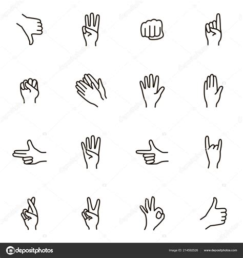 Hand Gestures Signs Black Thin Line Icon Set Vector Stock Vector Image