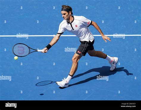 Swiss tennis player Roger Federer playing forehand volley during 2019 ...