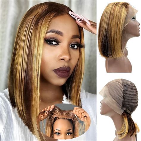 Glueless 13x4 Lace Frontal Honey Blonde Ombre Highlight Bob Wig Remy Hair Superlovehair