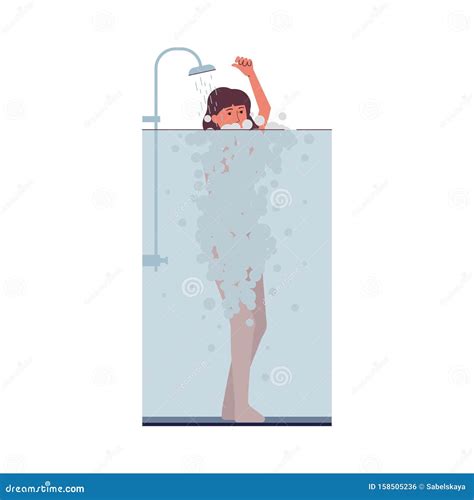 Woman Taking A Shower With Cartoon Foam Bubbles Covering Her Body Stock