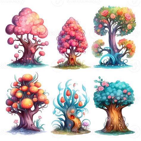 Set Of Colorful Fantasy Tree Elements Collection Illustration 24750132