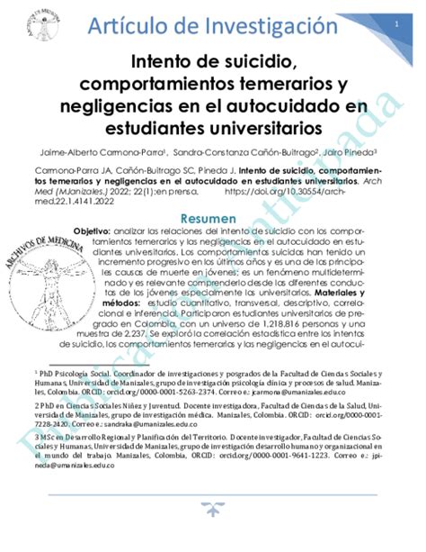 Pdf Intento De Suicidio Comportamientos Temerarios Y Negligencias En