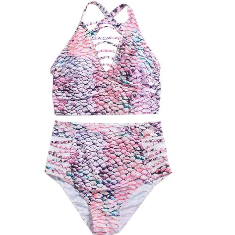 Buy Women Fish Scale Print High Waist Plus Size Bikini Set Swimsuit