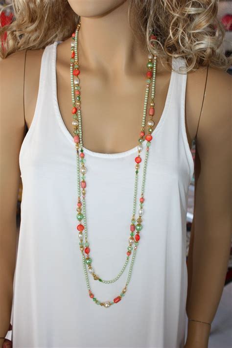 Extra Long Bright Green And Reddish Orange Beaded Necklace Multi