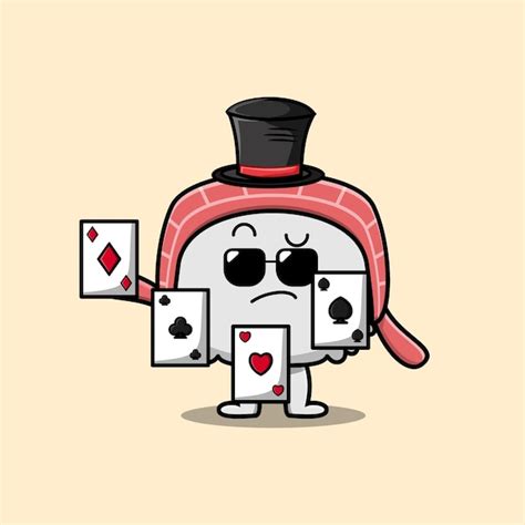 Personaje De Mago De Sushi De Dibujos Animados Lindo Jugando Cartas