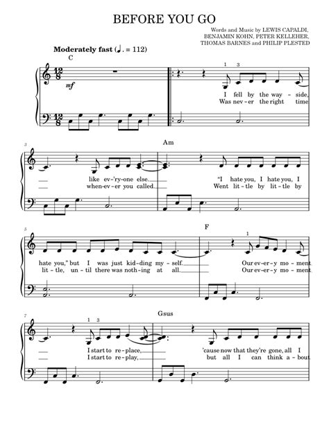 Before You Go Sheet Music For Piano By Lewis Capaldi Official