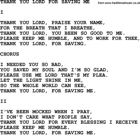 Country, Southern and Bluegrass Gospel Song Thank You Lord For Saving Me lyrics