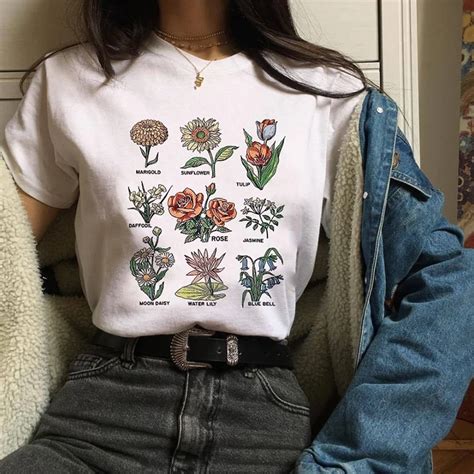 Harajuku Shirt Summer Sunshine Plant Wildflower Graphic Tees Women Grunge Aesthetic 90s Fashion