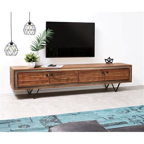 Meuble Tv Stonegrace Acacia Marron D Cm Portes Pied En V Noir