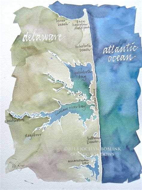 Watercolor Map Of Delaware Beaches Eastern By Jocelynsinkwell Map Of