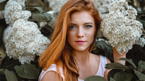 Women Flowers Women Outdoors Redhead Blue Eyes Face Portrait Hd