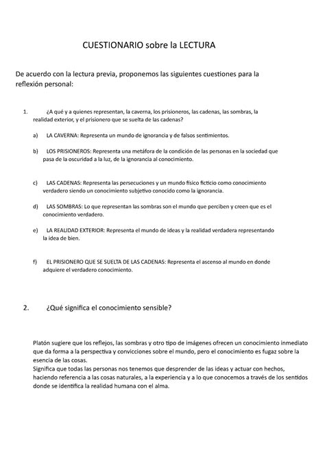 Cuestionario Sobre La Lectura CUESTIONARIO Sobre La LECTURA De