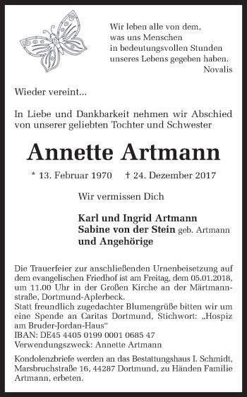 Traueranzeigen Von Annette Artmann Sich Erinnern De