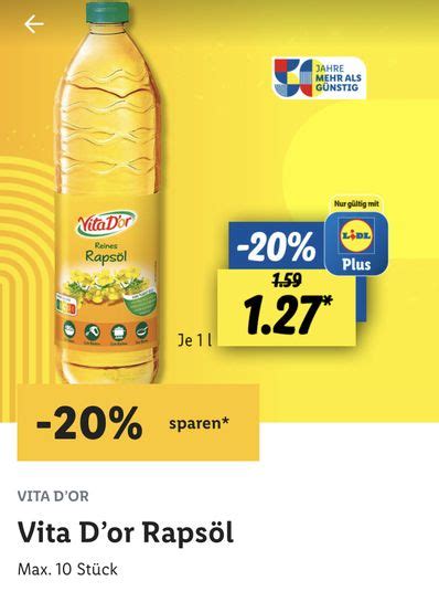 LIDL PLUS APP Vita D or Rapsöl 1 Liter für 1 48 statt 1 85 mydealz