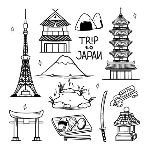 Premium Vector Japan Travel Doodle Set Icon Hand Drawn Japanese Place