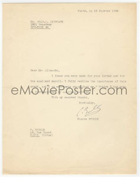 Emovieposter H Pierre Boulle Signed Letter Thanks Film