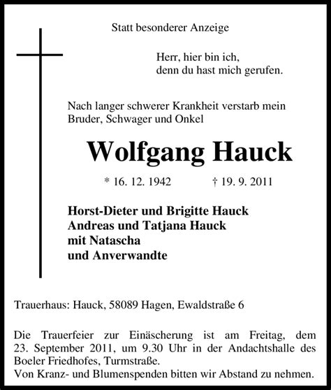 Traueranzeigen Von Wolfgang Hauck Trauer In NRW De