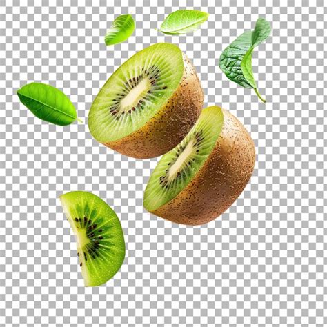 Fresh Ripe Kiwi Fruit Whole And Slices Falling Isolated On White