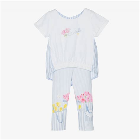 Lapin House Girls White And Blue Striped Leggings Set Childrensalon