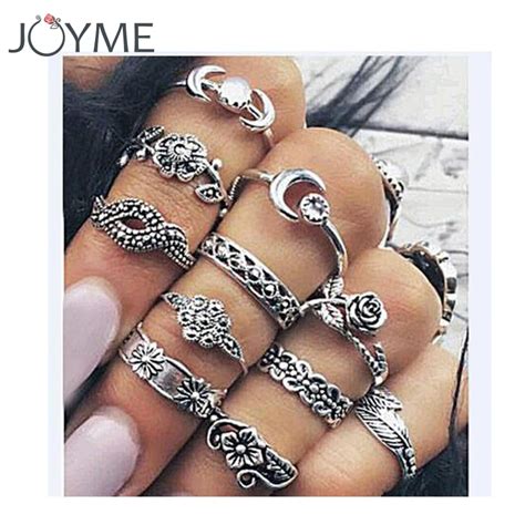 11pcs Boho Vintage Punk Midi Finger Rings For Women Antique Silver