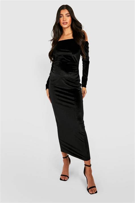 Womens Maternity Velvet Bardot Midaxi Dress Boohoo Uk