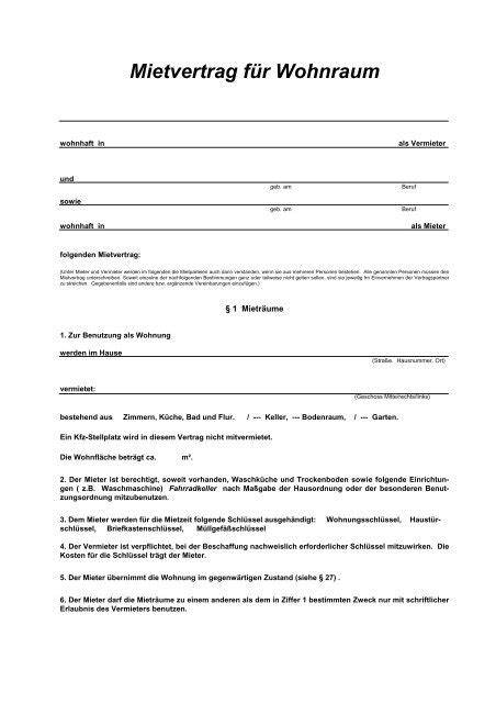 Mietvertrag F R Wohnraum