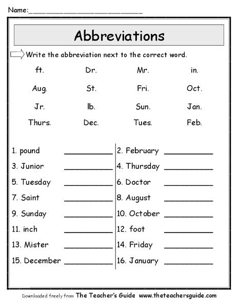 Abbreviation Worksheet 2nd Grade