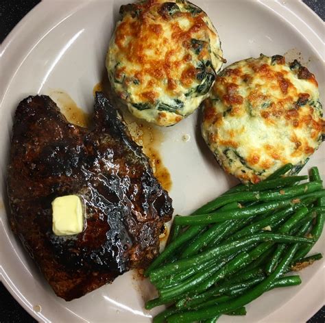 Homemade Rump Steak Spinach Bacon Stuffed Mushrooms And Garlic