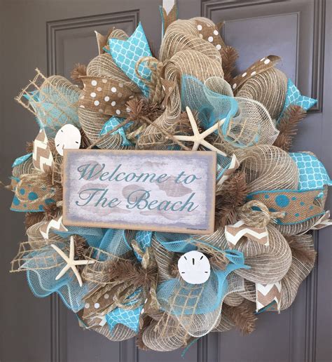 Welcome To The Beach Burlapdeco Mesh Wreath With Sea Shells Seashell