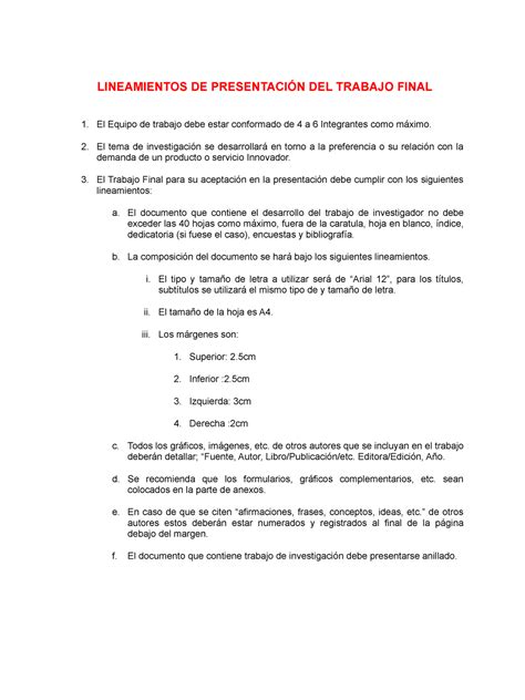 lineamiento de trabajo LINEAMIENTOS DE PRESENTACIÓN DEL TRABAJO FINAL