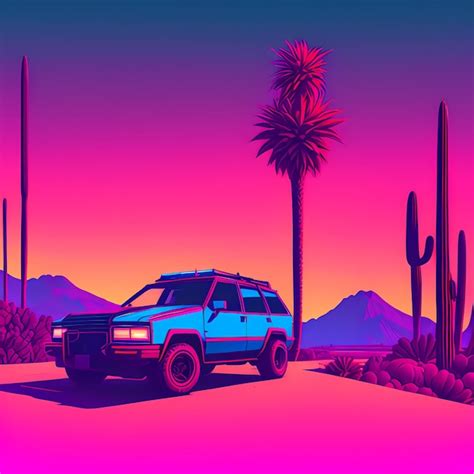 Premium Photo A Blue Suv Parked In Front Of A Cactus Tree And A Pink