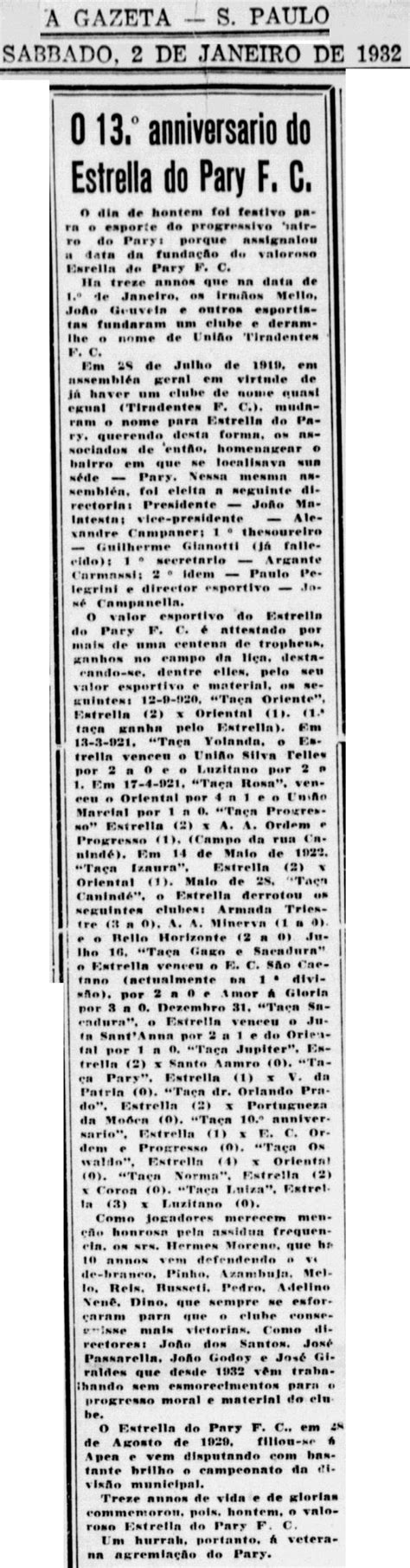 Estrella do Pary Football Club São Paulo SP Fundado em 1919