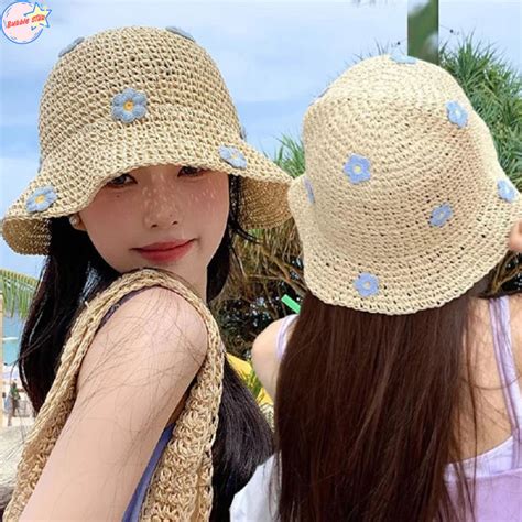 【bubble Star】summer Sun Hat Women Straw Crochet Bucket Hat Women Foldable Panama Cap Uv Sun Caps