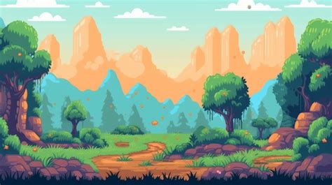 Premium Photo | Simple Flat Pixel Art Cartoon Landscape Background For Game Desi