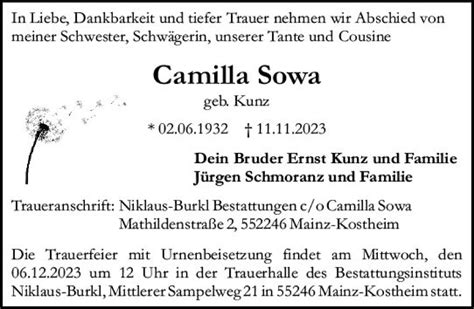 Traueranzeigen Von Camilla Sowa Vrm Trauer De