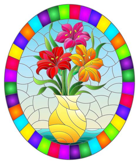 Stained Glass Illustration With Bouquets Of Bright Lily Flowers In A Yellow Jug On A Table On