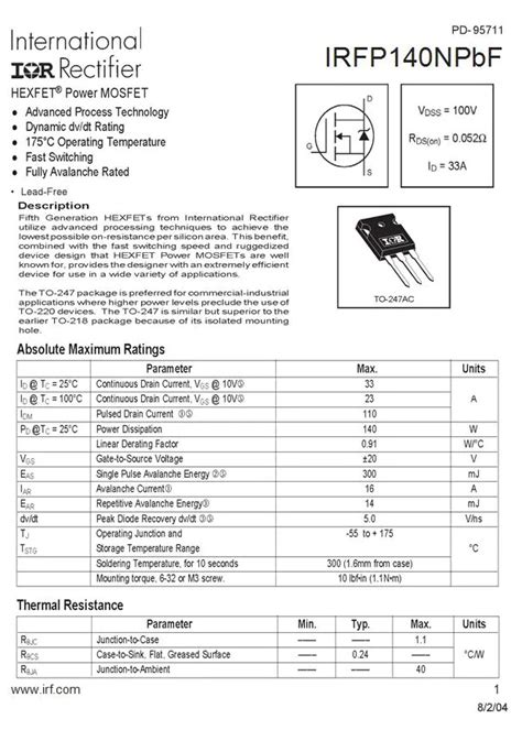 Pcs Irfp N Ir Power N Channel Mosfet Transistor Hexfet To