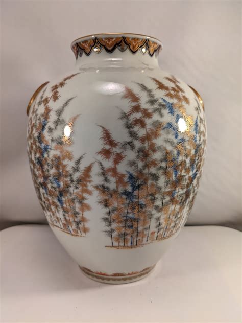 Antique Japanese Fukagawa Seiji Porcelain Vase Bamboo Flowers Japan