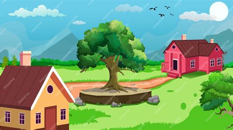 Premium Vector Beautiful Village Cartoon Background Of Green Meadows