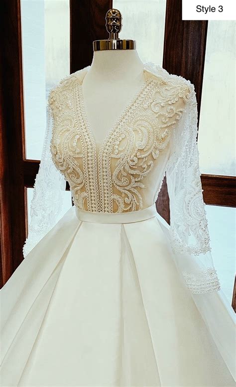 Royal Long Sleeves White Satin Ball Gown Wedding Dress With Lace And