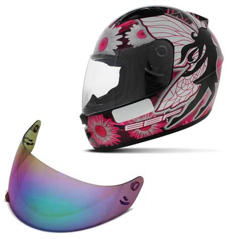 Capacete Fechado Feminino EBF Fechado E0X Fada Preto Rosa E Branco