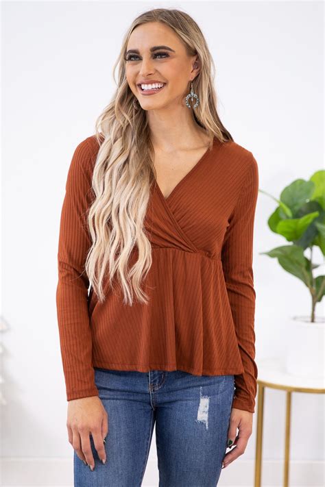 Rust Rib Knit Surplice Top With Peplum · Filly Flair