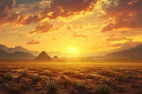 Premium Photo | Desert Sunset Over Mexican Landmarks Digital Painting