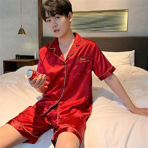 Pikadingnis Mens Stain Silk Pajama Set 4xl 5xl Men Pajamas Silk Sleepwear Style Soft Comfortable