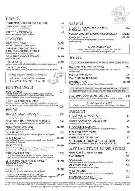 The Greendale Oak | Country Dining and Ale House | Menu